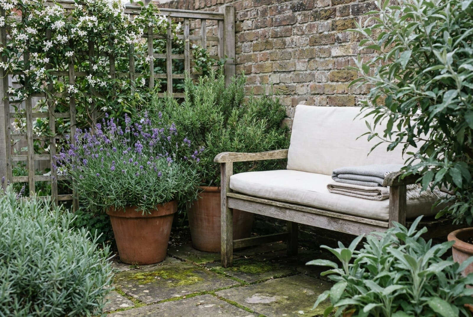 A small UK courtyard garden with a reclaimed timber bench, lavender and rosemary in terracotta pots