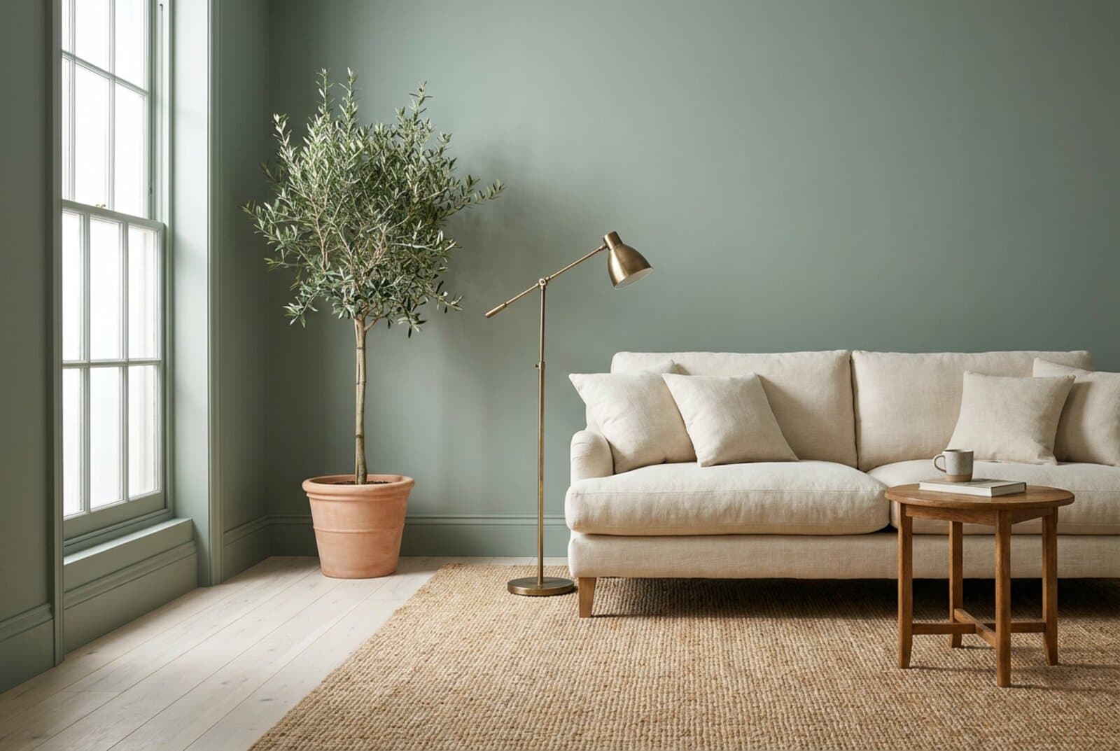 Concept visual for a calm living room with a sage green wall, cream linen sofa and vintage oak table